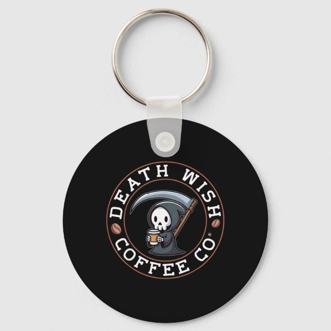 Porte-clés Faucheuse d'Halloween buvant du café Death Wish (Recto)