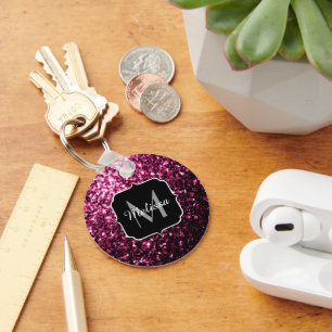 Porte-clés Faux brillant scintillant rose foncé Monogramme