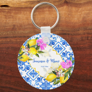 Porte-clés Faveurs mariage Carreaux bleus citron Bougainville