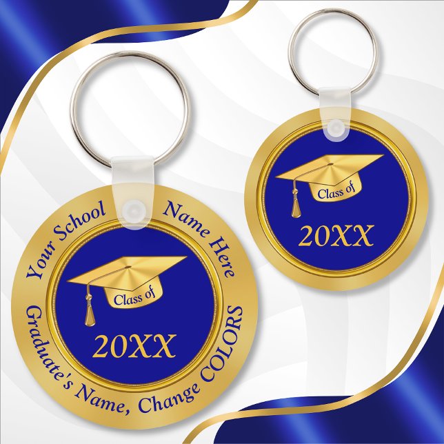 Porte-clés Favoris Personnalisés, Texte, Couleurs (Blue and Gold Personalized, Cheap Class Reunion Gift Ideas. High School Reunion Favors. 2004, 2014)