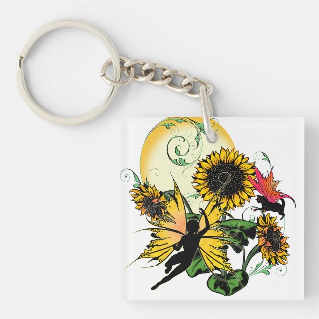 Porte-clés Fée de tournesol et chat cosmique (Devant)