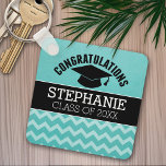 Porte-clés Félicitations Diplômé - Aqua Black Graduation<br><div class="desc">Un chapeau traditionnel avec un motif amusant et un endroit pour ajouter le nom du diplômé. Ajoutez n'importe quelle année pour personnaliser ce design fantaisiste. Cela peut être utilisé pour n'importe quel diplômé - lycée,  collège,  lycée,  école de médecine ou même école de commerce.</div>
