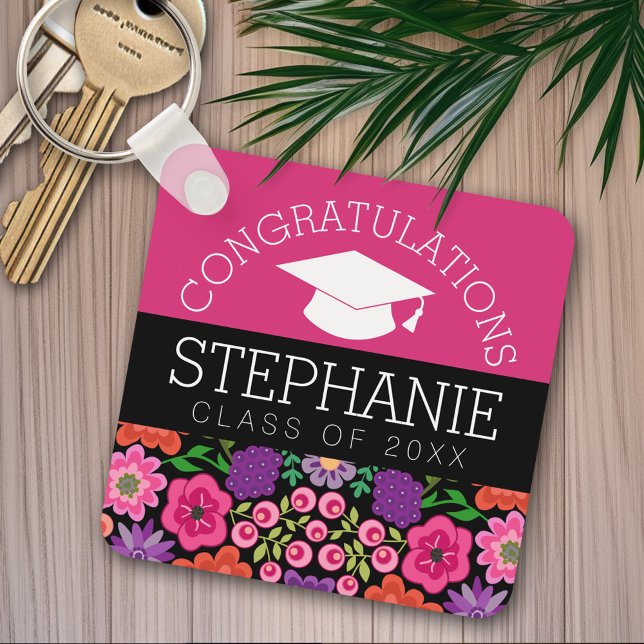 Porte-clés Félicitations Fleurs de Diplômée pour la Remise de (Personalized keychain - Congratulations Graduate)