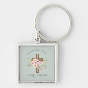 Porte-clés Female Confirmation Gift Floral Cross Personalized