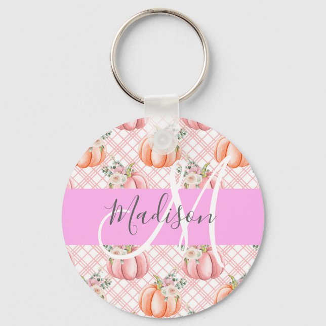 Porte-clés Féminin Chic Fleur Rose Pêche Citrouille Monogramm (Recto)