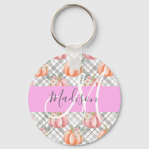Porte-clés Féminin Floral Gris Rose Pêche Citrouille Monogram