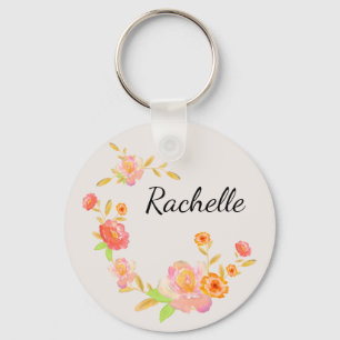Porte-clés Féminin Monogrammé Floral Orange et Rose