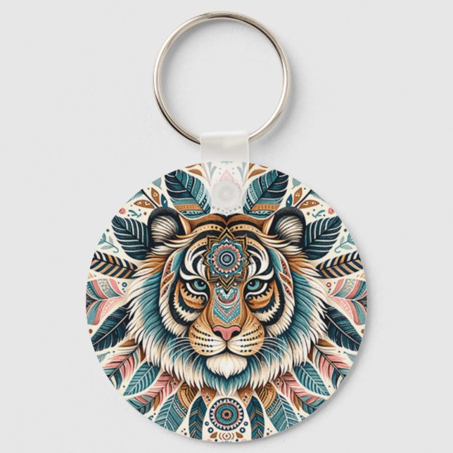 Porte-clés Femme aux plumes de tigre mandala bohème (Recto)