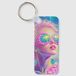 Porte-clés Femme de Néon glamour avec lunettes étincelantes