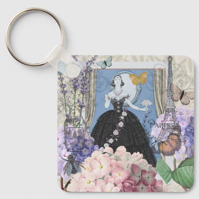 Porte-clés Femme élégante bleue robe florale fantaisie  (Recto)