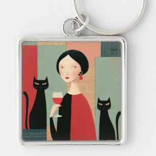 Porte-clés Femme Élégante Chats Noirs et Vin