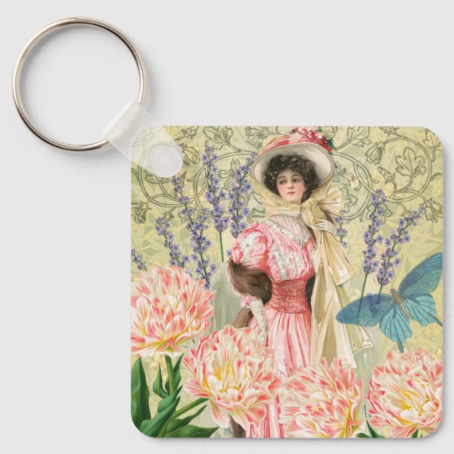 Porte-clés Femme victorienne florale rose Régence (Recto)