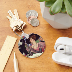 Porte-clés Femme vintage fumant une cigarette en buvant du ch