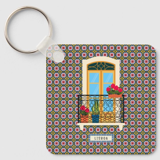 Porte-clés Fenêtre de la maison de Lisbonne avec plantes et c (Recto)