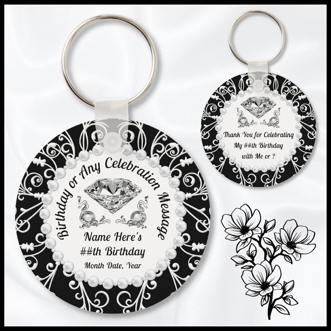 Porte-clés Fête d'anniversaire élégante, toute année, COULEUR (Elegant Birthday Favors for adults. Perfect for her, Diamonds and Pearls Birthday Theme. 30th, 60th)