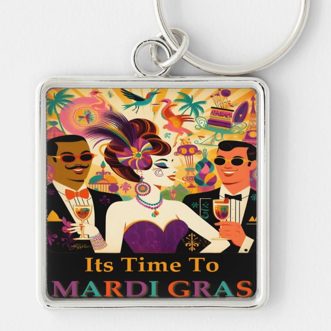Porte-clés Fête de cocktail rétro milieu du siècle Mardi Gras (Devant)