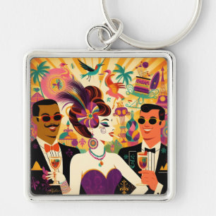 Porte-clés Fête de cocktail rétro milieu du siècle Mardi Gras