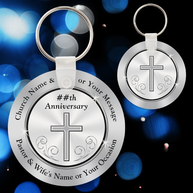Porte-clés Fête de l'Eglise personnalisée en argent et blanc (Church Anniversary Party Favors. Pastor Anniversary Party Ideas. Gifts for Church Members. Christian)