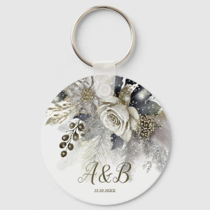 Porte-clés Fête de mariage Argent Golden White Roses Fleurs