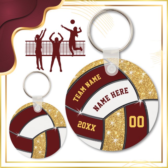 Porte-clés Fête de volley-ball pas cher Faveurs, Maroon, Or (Volleyball Party Favors. Volleyball party favors and Personalized volleyball keychains. Burgundy.)