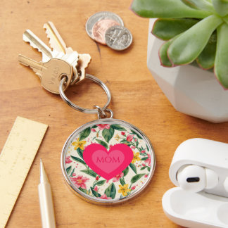 Porte-clés Fête des Mères, Motif Cœur et Fleurs Roses