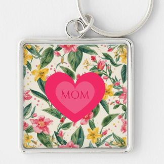 Porte-clés Fête des Mères, Motif Cœur et Fleurs Roses