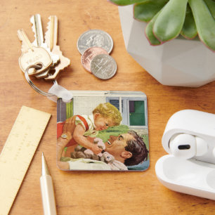 Porte-clés Fête des pères vintage, Happy Family dans les banl