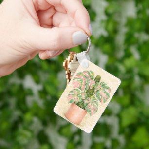 Porte-clés feuille de monstera à tartan rose écossais Écosse