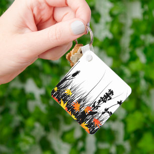 Porte-clés Feuilles d'érable d'automne et silhouette d'herbe 