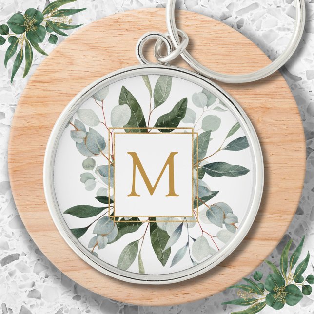 Porte-clés Feuilles tropicales vertes aquarelle Monogramme (In situ)