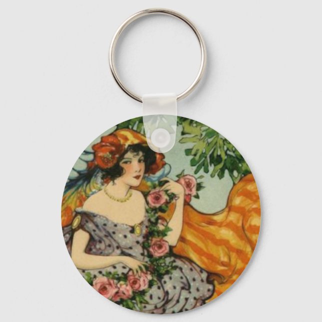 Porte-clés Fille Art Nouveau avec fleurs (Recto)