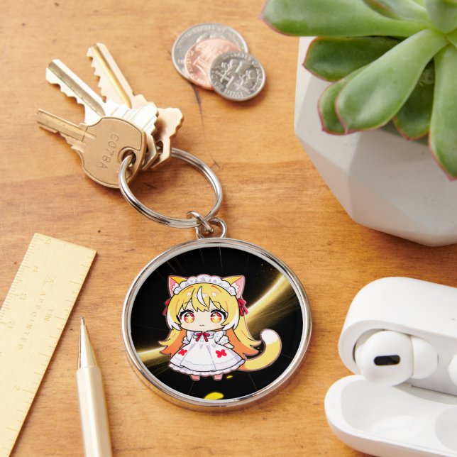 Porte-clés Fille aux cheveux blonds Chibi en robe midi (Bureau)