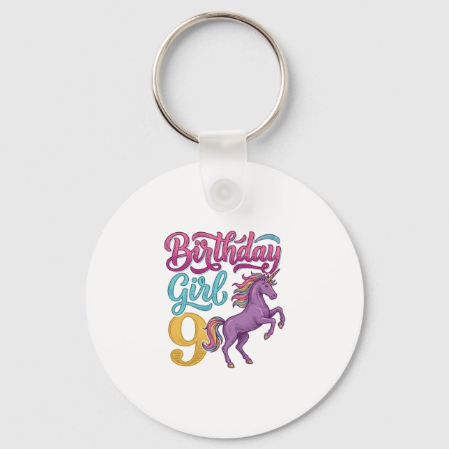 Porte-clés Fille d'anniversaire 9 Licorne Dessin de gravure v (Recto)