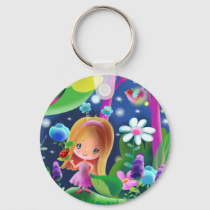 Porte-clés fille dans une forêt magique avec des fleurs et un