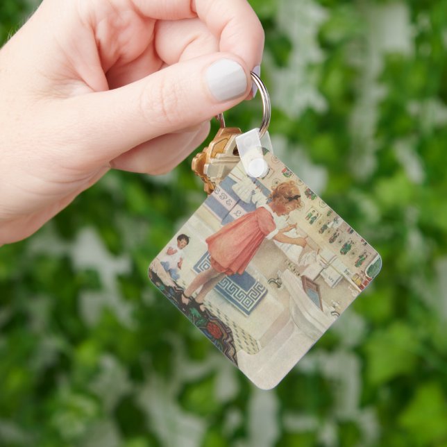 Porte-clés Fille d'autrefois, enfant faisant la lessive et ét (main)