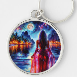 Porte-clés Fille de plage océanique rêveuse avec lune et lumi