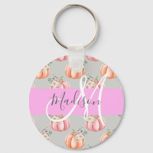 Porte-clés Fille Floral Gris rose Pêche Citrouille Nom