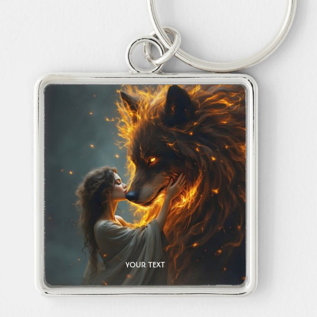 Porte-clés Fille Loup Mignonne Fantastique Feu (Devant)