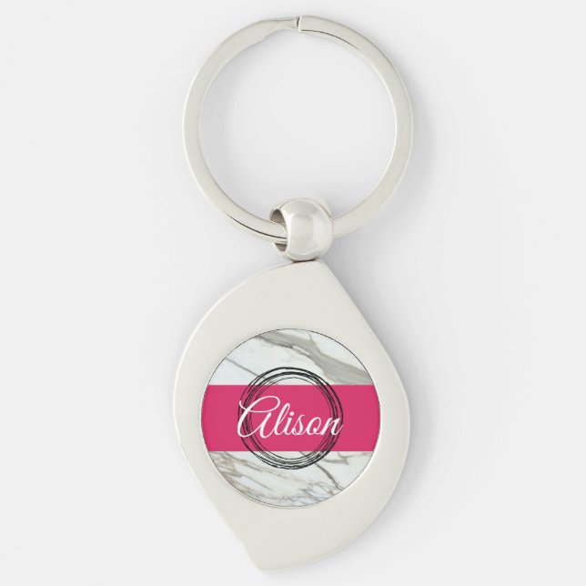 Porte-clés Fille marbre rose nom personnalisé design minimal (Devant)