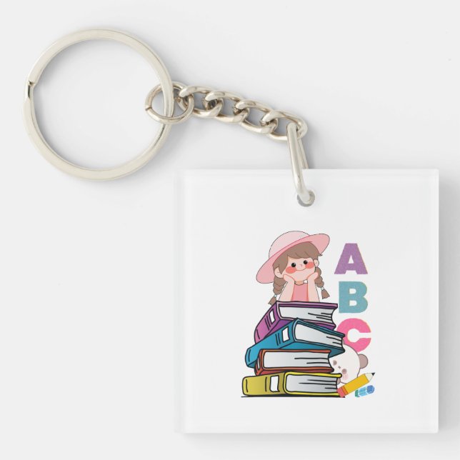 Porte-clés Fille Mignonne Lisant des Livres et ABC (Devant)