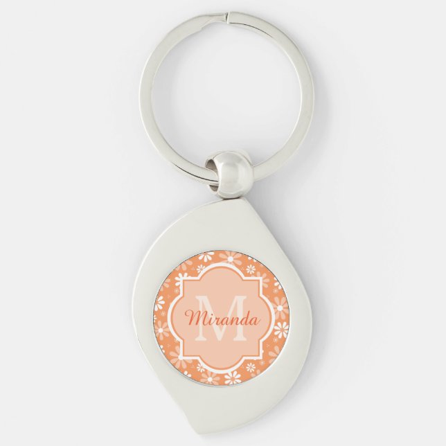 Porte-clés Fille Monogramme mignon Orange Daisy Fleurs et nom (Devant)