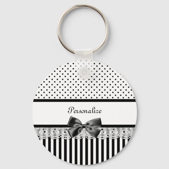 Porte-clés Fille Noir et Blanc Victorian Stripes Avec Nom (Recto)