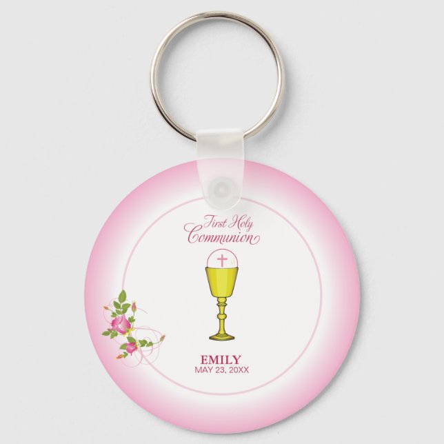 Porte-clés Fille Rose Première Communion, Calice, Hostie, Ros (Recto)