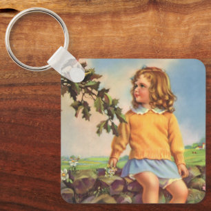 Porte-clés Fille Vintage regardant des oiseaux dans un arbre,