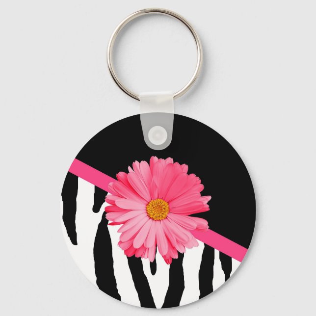 Porte-clés Fille Zèbre motif mignon rose marguerite avec nom (Recto)