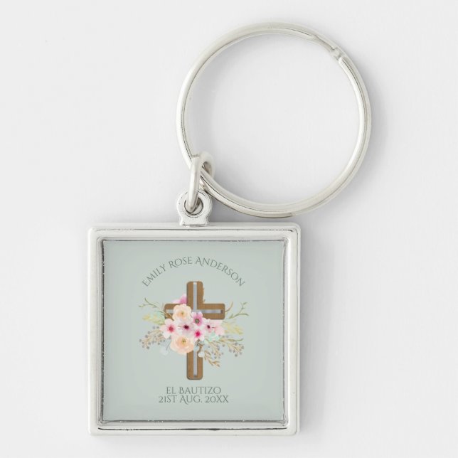Porte-clés Filles Pink floral BAUTIZO Baptism Bautismo Nommé (Devant)