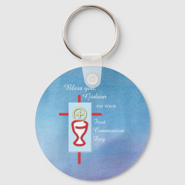 Porte-clés Filleul, Première Sainte Communion, Bleu (Recto)