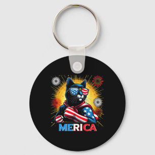 Porte-clés Fireworks Us Drapeau Patriotique Chat Noir