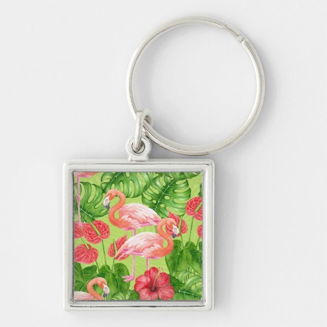 Porte-clés Flamant rose et plantes tropicaux (Devant)