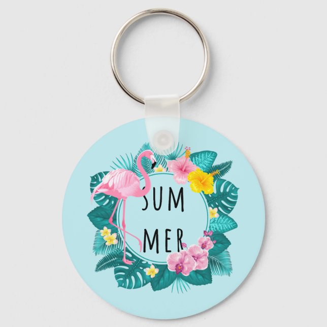 Porte-clés Flamant rose floral Bliss été (Recto)